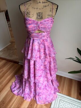 SAVA Watercolor Tiered Ruffle Cutout Formal Dress Gown Prom Wedding Pageant